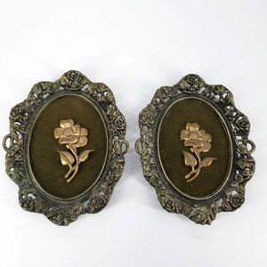 Vintage Brass Oval Floral Frame Art Pair Green 9 x 7 Wall Decor Arabesque Victor